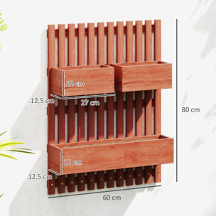 Jardinera de Pared con Enrejado, Jardinera Exterior Grande de Madera con 3 Macetas Móviles y Orificio de Drenaje, para Exterior, Jardín, Terraza, Patio, 60x16x80 cm, Marrón