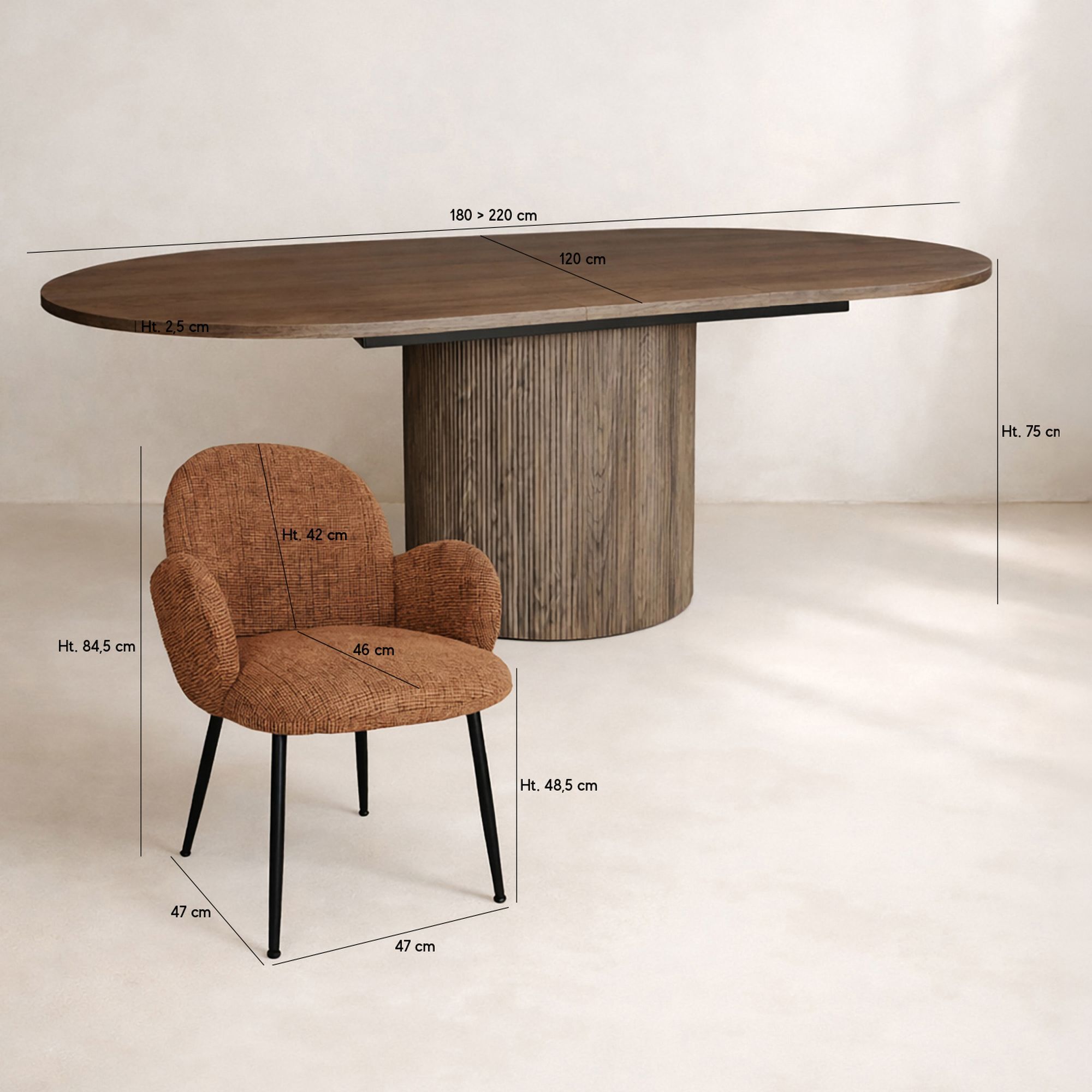 Ensemble table extensible ovale et 6 fauteuils en tissu terracotta GINETTE