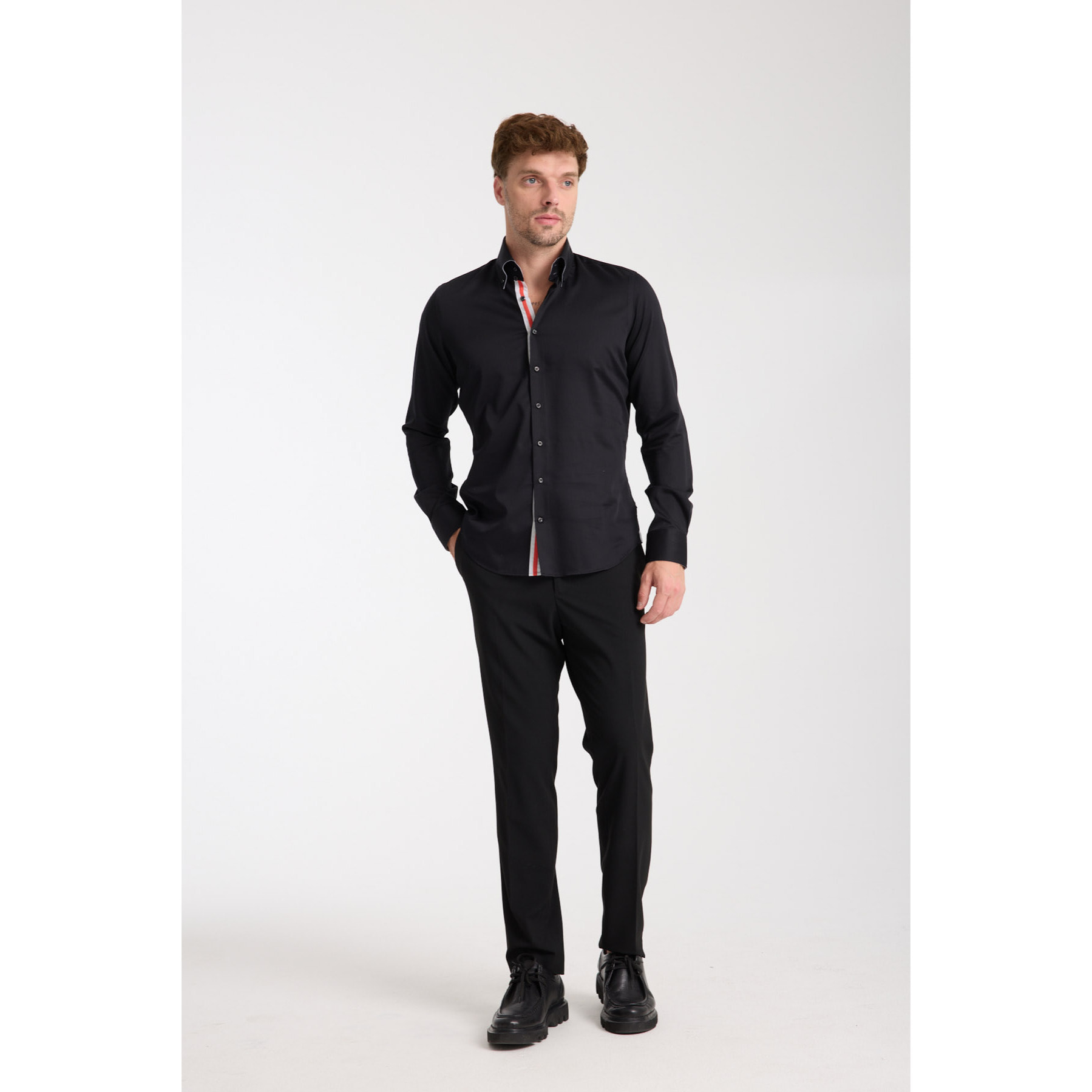 Camicia Uomo 2 Bottoni Button Down Slim Satin Unito Nero
