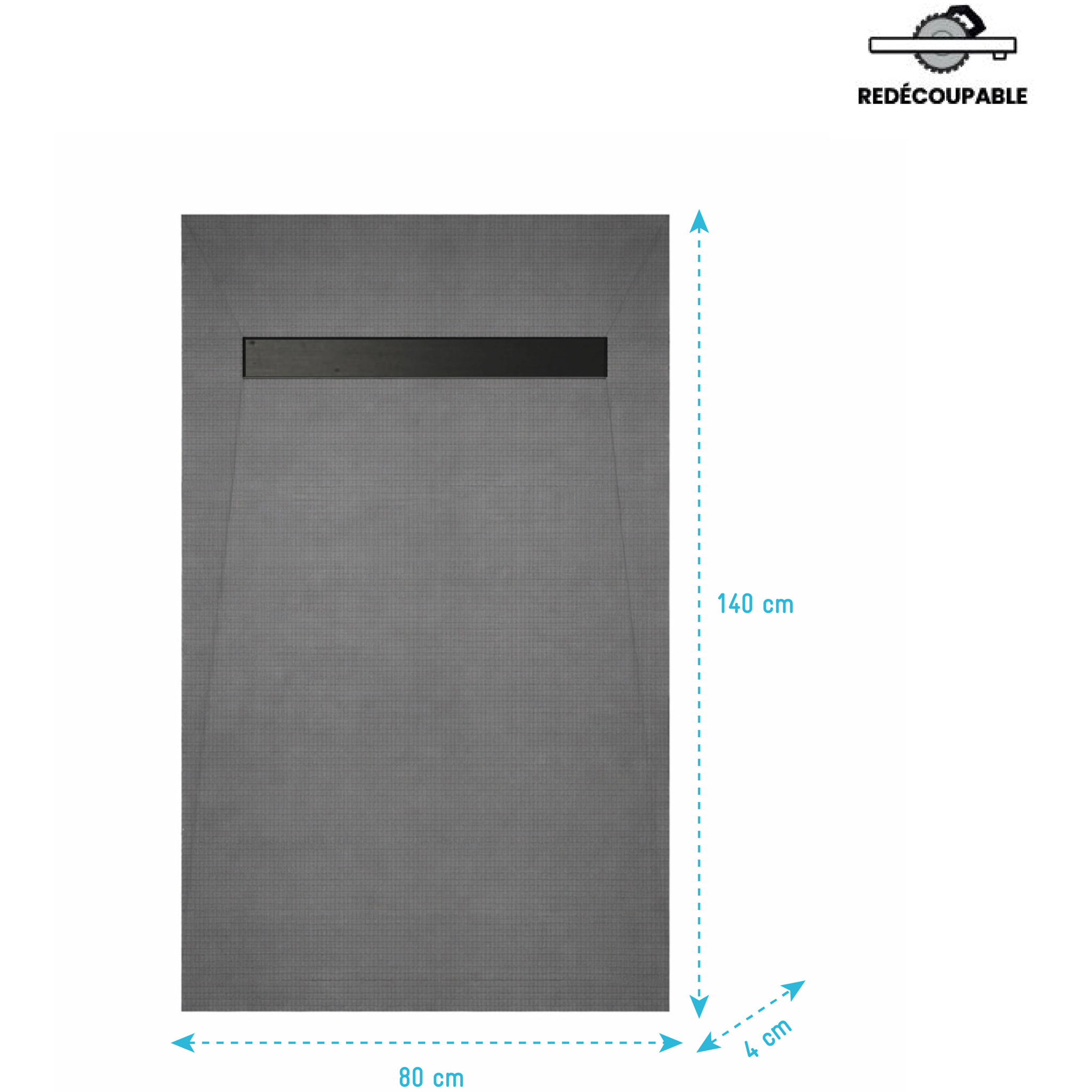 Receveur de Douche à Carreler 140x80cm à Ecoulement Linéaire - Grille Noire et Bonde