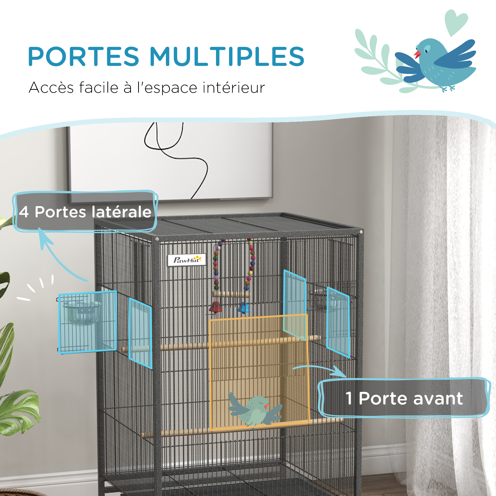 Cage à oiseaux sur roulettes - volière mobile - nombreux accessoires - dim. 48x46x74cm - acier époxy gris noir