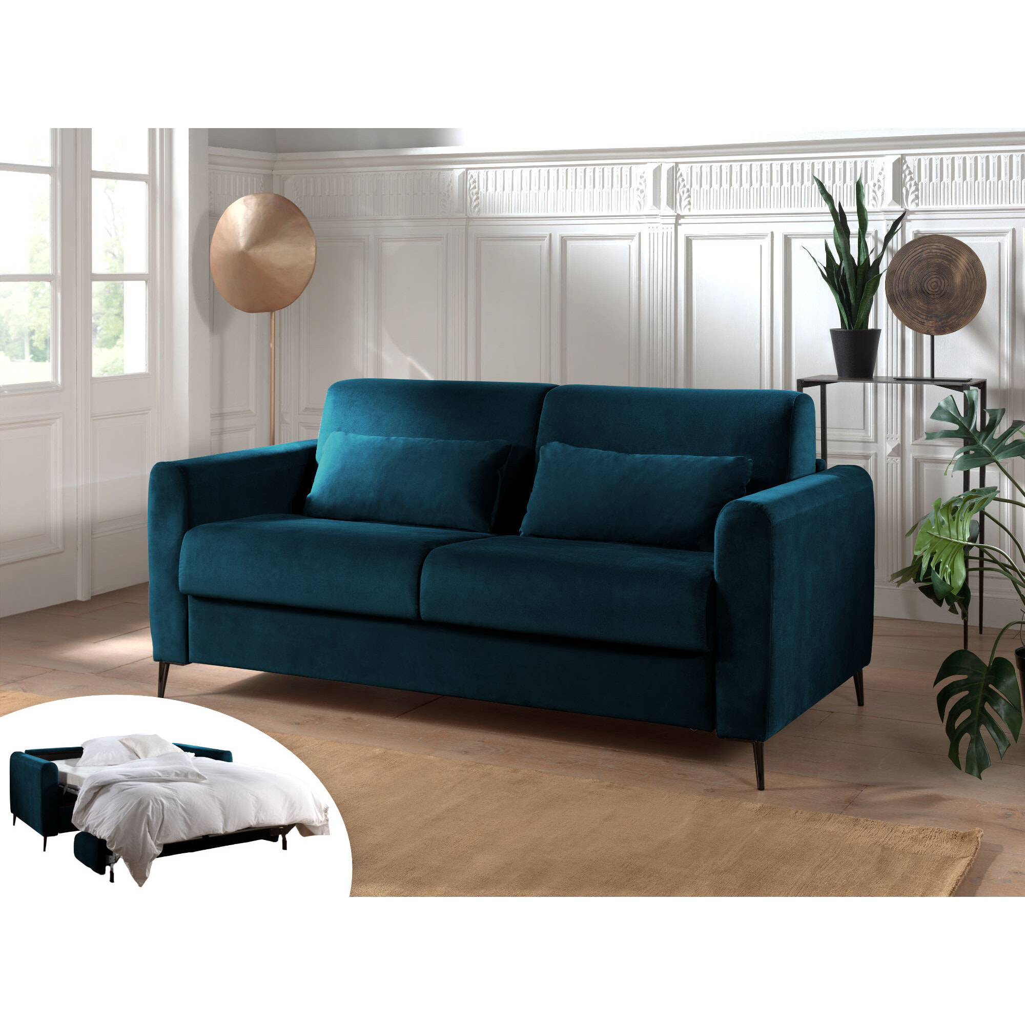 Owen - canapé 3 places convertible express couchage quotidien 140 cm matelas 12 cm en velours - Bleu canard