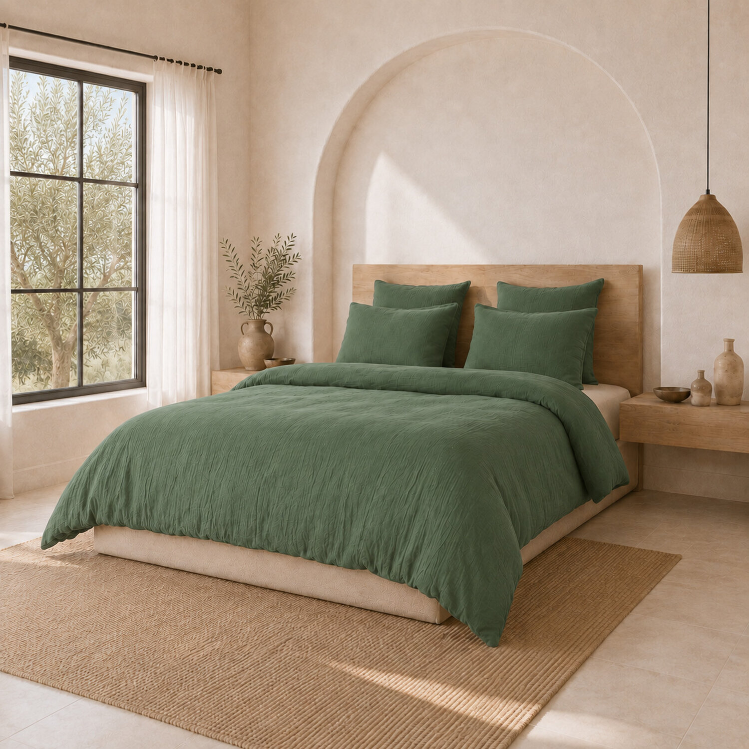 Parure housse de couette unie 100% gaze de coton - ava - vert cèdre