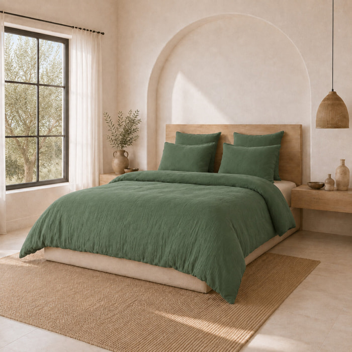Parure housse de couette unie 100% gaze de coton - ava - vert cèdre