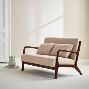 Banquette 2 places tissu beige. pieds bois d'hévéa teinté noyer clair. droit fixe. pieds compas scandinave