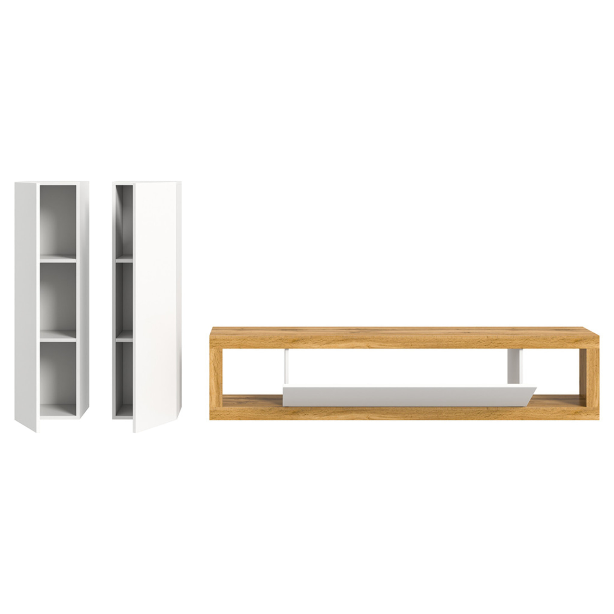 Ethan – meuble tv 180 cm + 2 armoires murales 110 cm - bois et blanc - Bois / Blanc