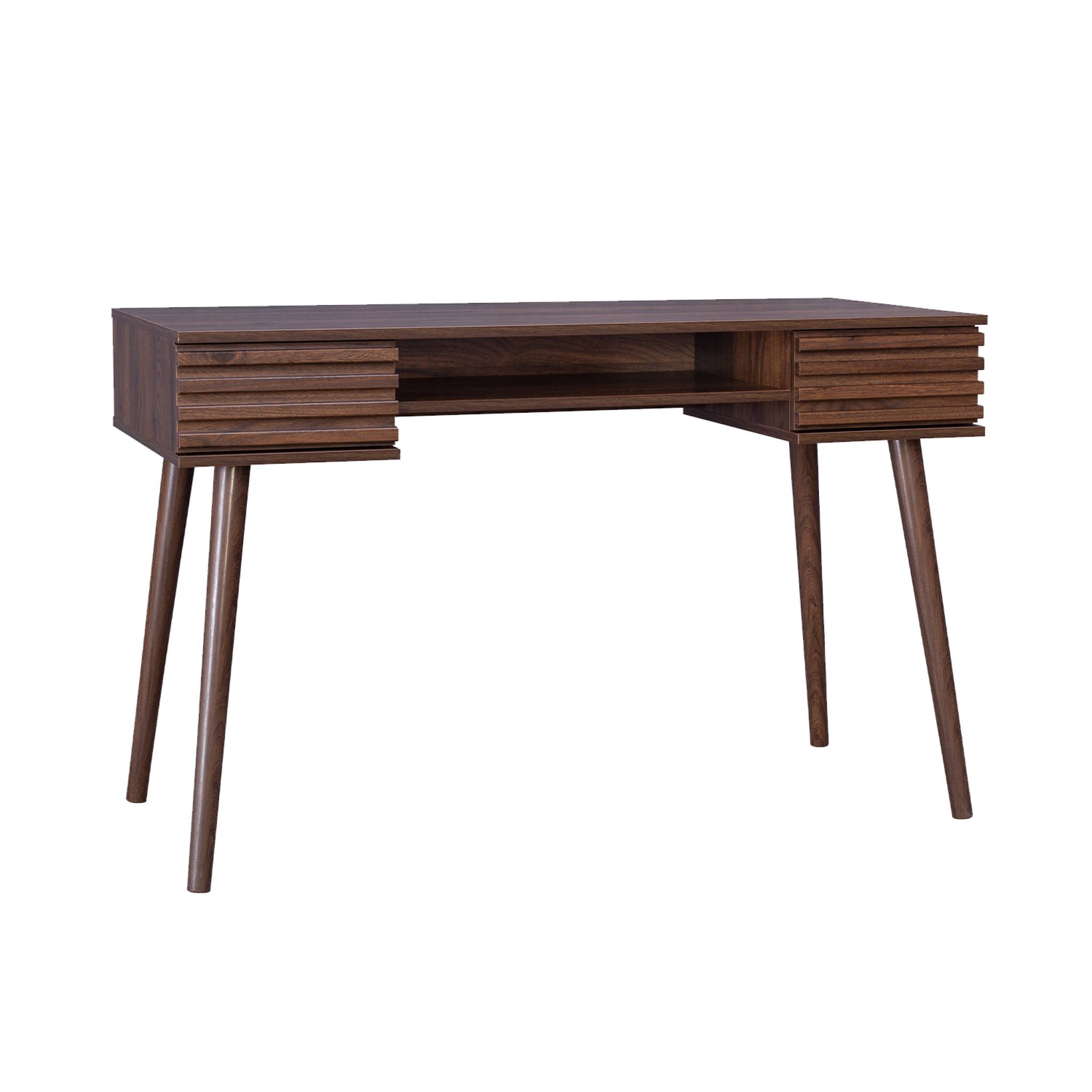 Bureau effet bois 2 tiroirs MADERE noyer. 1 casier. façade rainurées. 120 x 55 x 76.5 cm