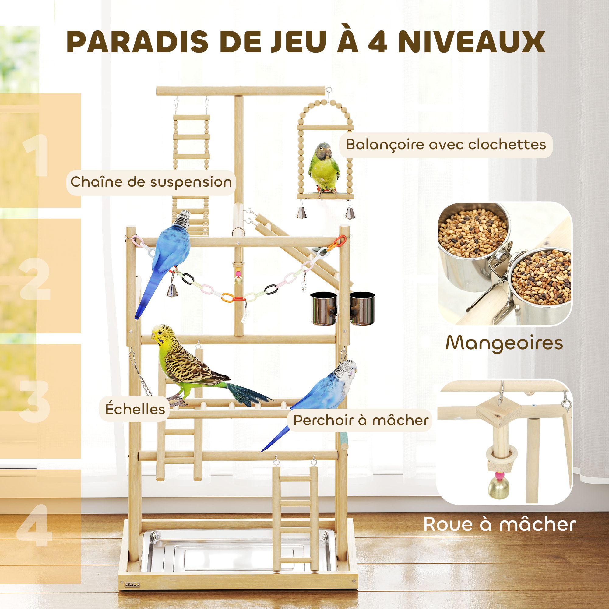 Aire de jeu pour oiseaux perchoirs mangeoires échelles chaîne balançoire cloches plateau