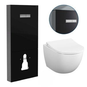 Pack WC Bâti support en verre trempé/aluminium brossé avec plaque intégrée, Noir + WC sans bride Sento + Abattant softclose