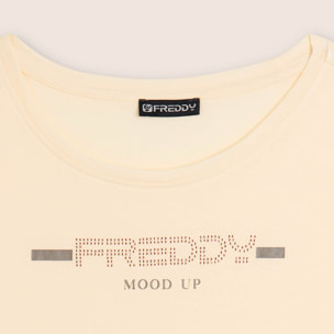 T-shirt da donna con strass e banda logata sulle spalle