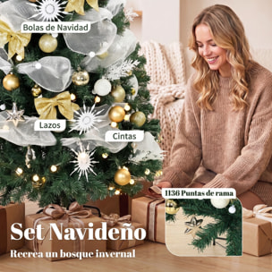 HOMCOM Árbol de Navidad con 250 LED Blanco Cálido, 230 cm, Árbol de Navidad Predecorado, 1136 Ramas, 8 Modos, Bolas, Cintas y Lazos, Mando a Distancia, Base Metálica Plegable, Funciona con USB, Verde