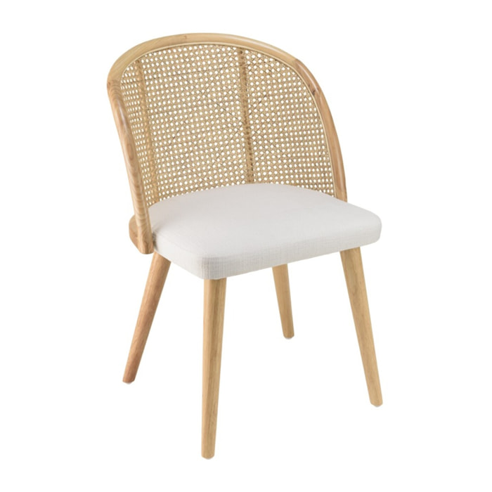 AGATHE - Chaise bois d'Hévéa assise tissu blanc dossier arrondi rotin