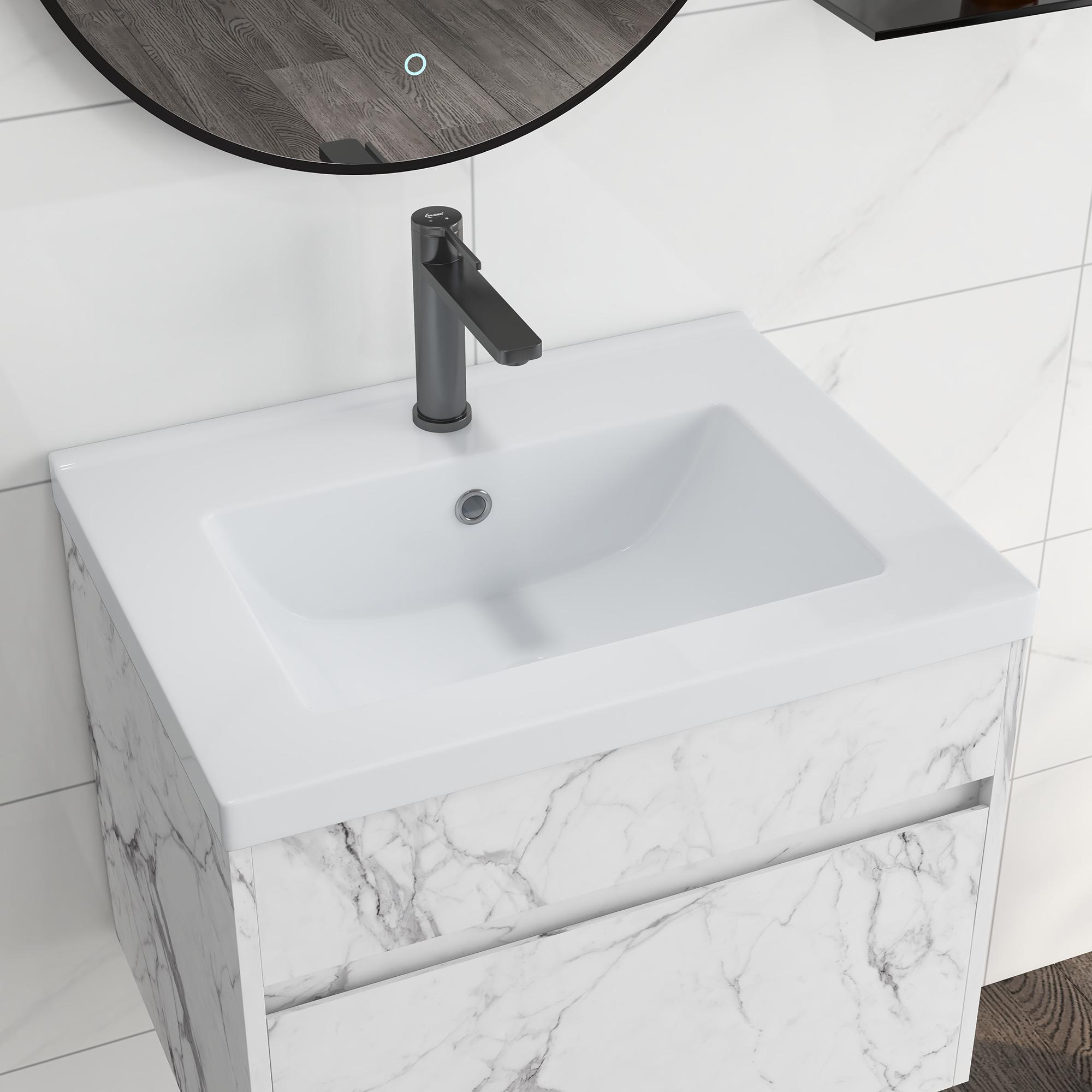 Meuble sous-vasque suspendu - vasque céramique incluse - tiroir coulissant - dim. 60L x 45l x 45H cm - aspect marbre blanc