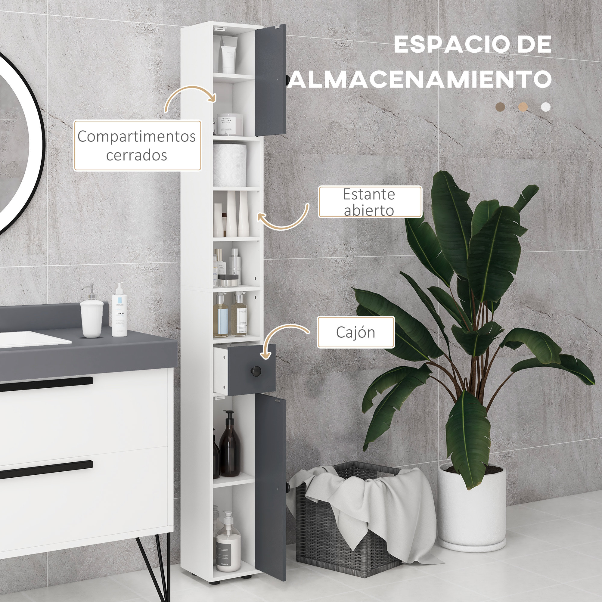 Columna de Baño Moderna Armario Alto de Baño con 1 Cajón 5 Estantes Ajustables y 2 Puertas Mueble de Baño Carga 30 kg 20x20x180 cm Gris