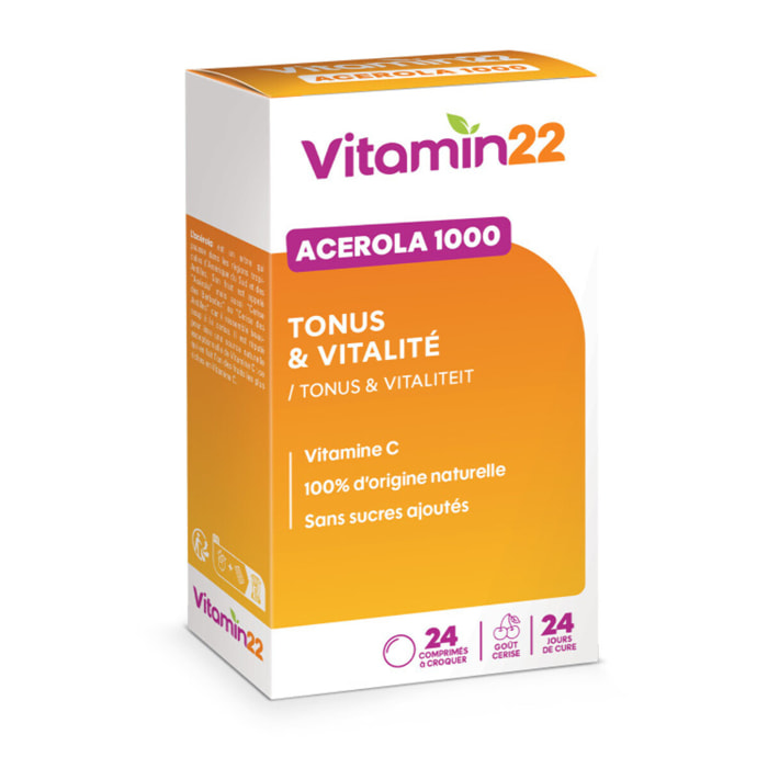 VITAMIN'22 - Acerola 1000 - Complément alimentaire à base d'Acérola- Vitamine C 100% d'origine naturelle - Sans sucre - Sans gluten - Goût Cerise - Cure de 24 jours