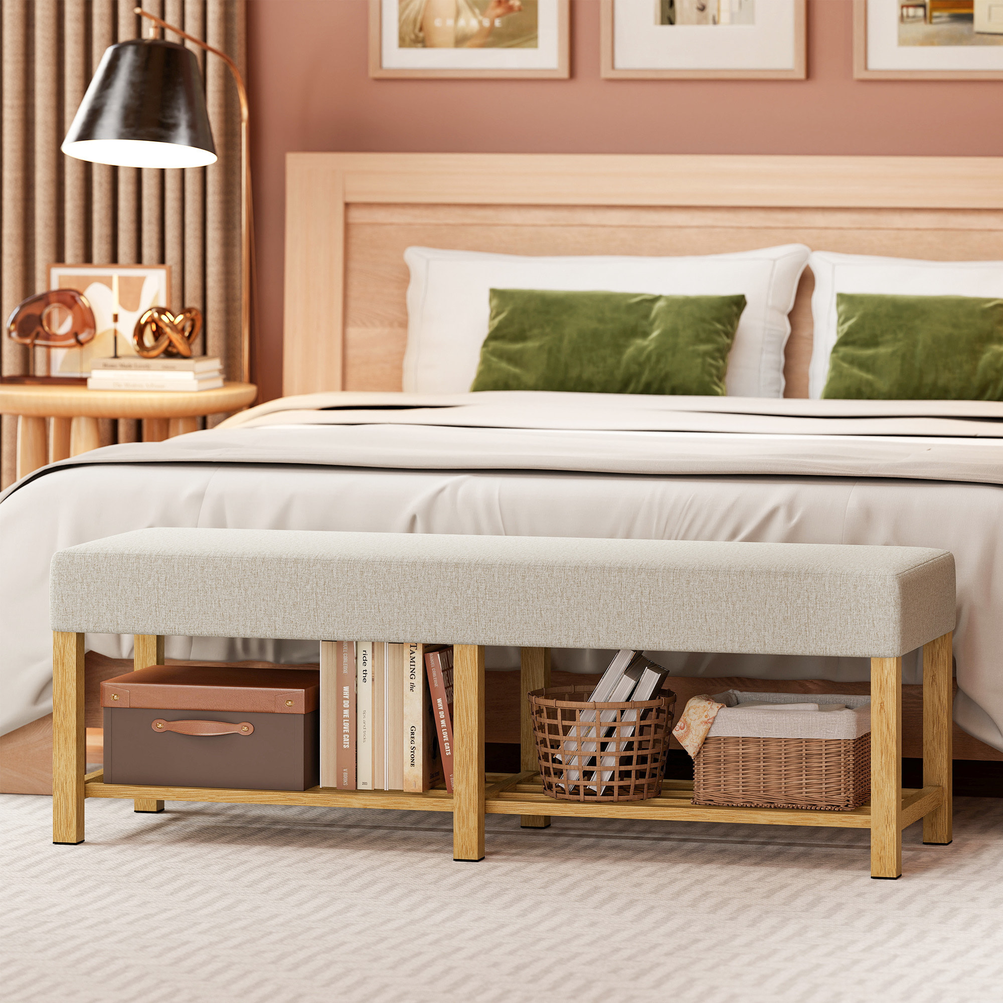 Banco Zapatero, Banco Recibidor Moderno, con Asiento Acolchado para 2 Personas, Estante Abierto, Marco de Madera, para Entrada, Pasillo, Salón, 140x44x48 cm, Crema y Madera Natural