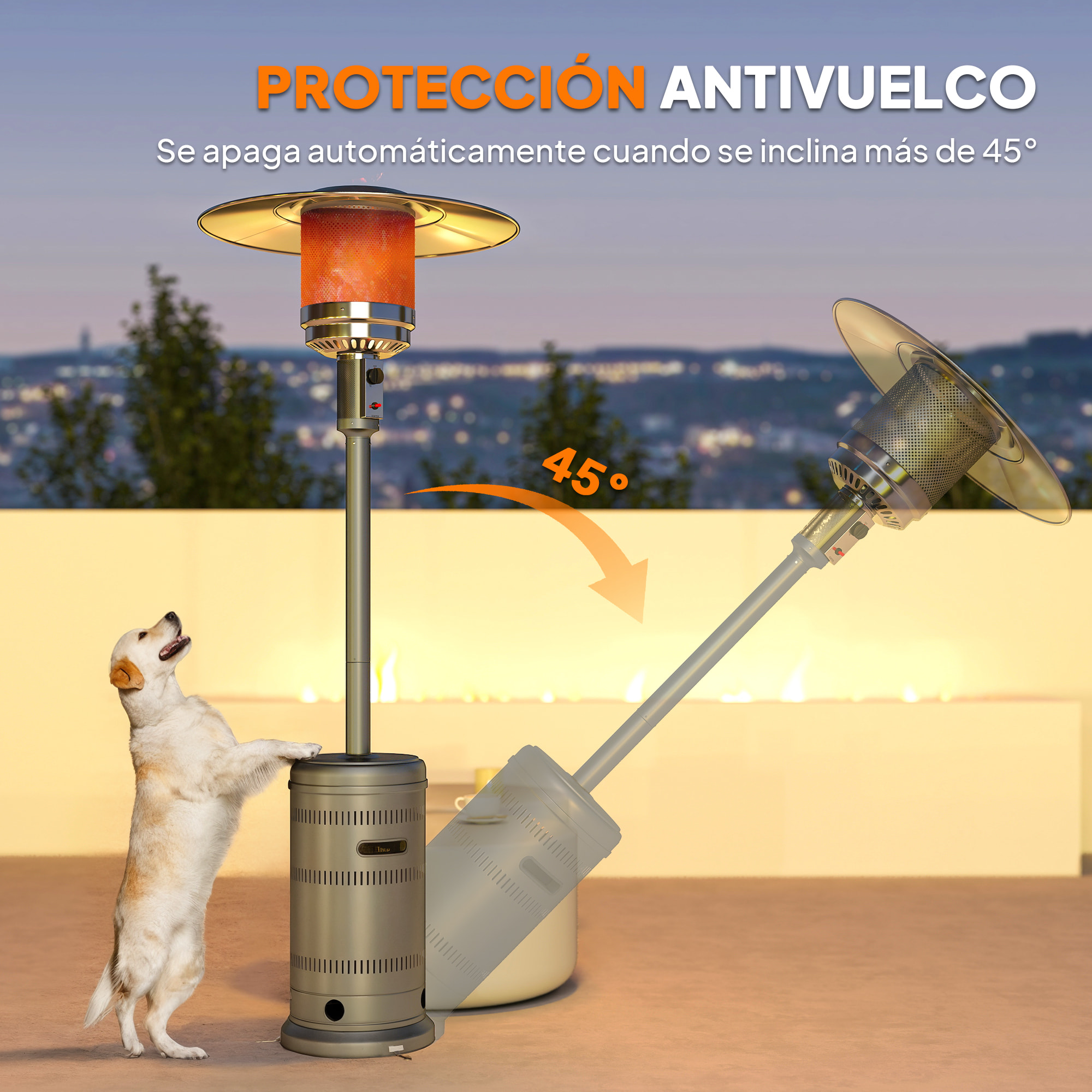 Estufa de Gas Butano, 13 KW, Calefactor de Exterior a Gas Portátil con Temperatura Ajustable, Protección contra Vuelcos, Encendido Piezoeléctrico y Ruedas, Apta para Butano y Propano, Gris