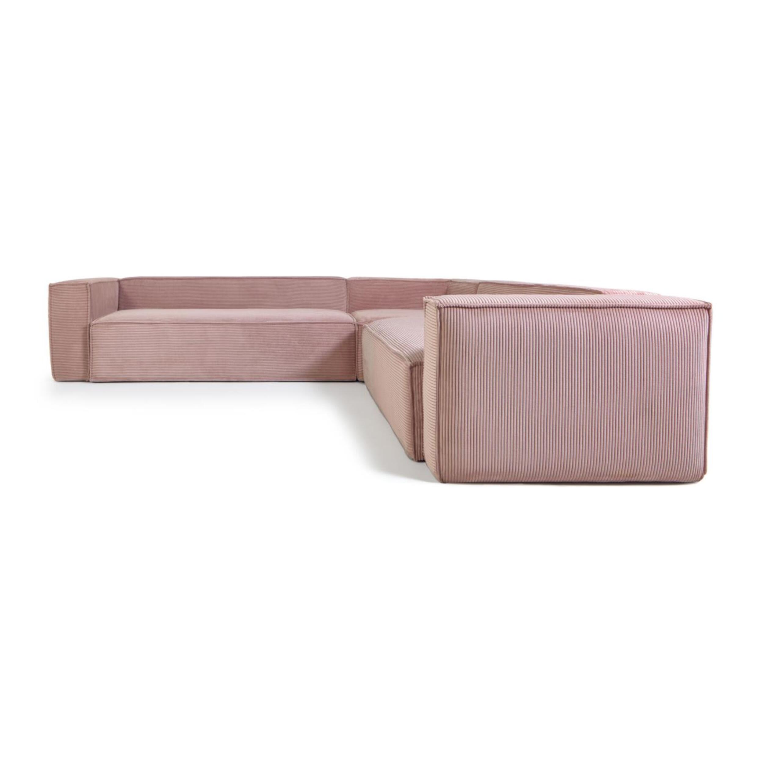 Kave Home - Divano ad angolo Blok 6 posti in velluto a coste spesse rosa 320 x 320 cm