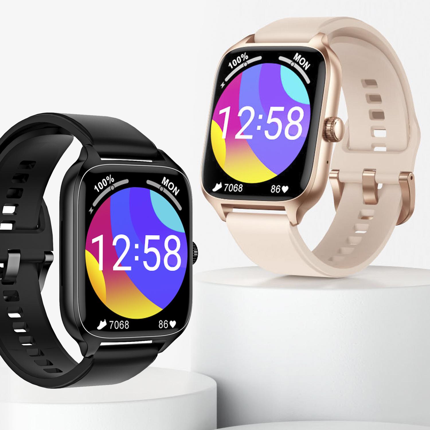 Smartwatch DT116 con cardiofrequenzimetro, schermata di accesso rapido, notifiche, accesso assistente vocale.