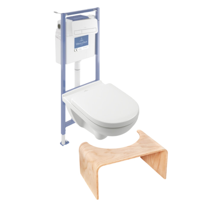 Pack WC sans bride O novo avec abattant frein de chute + bâti Viconnect PRO + plaque blanche  + Tabouret bois