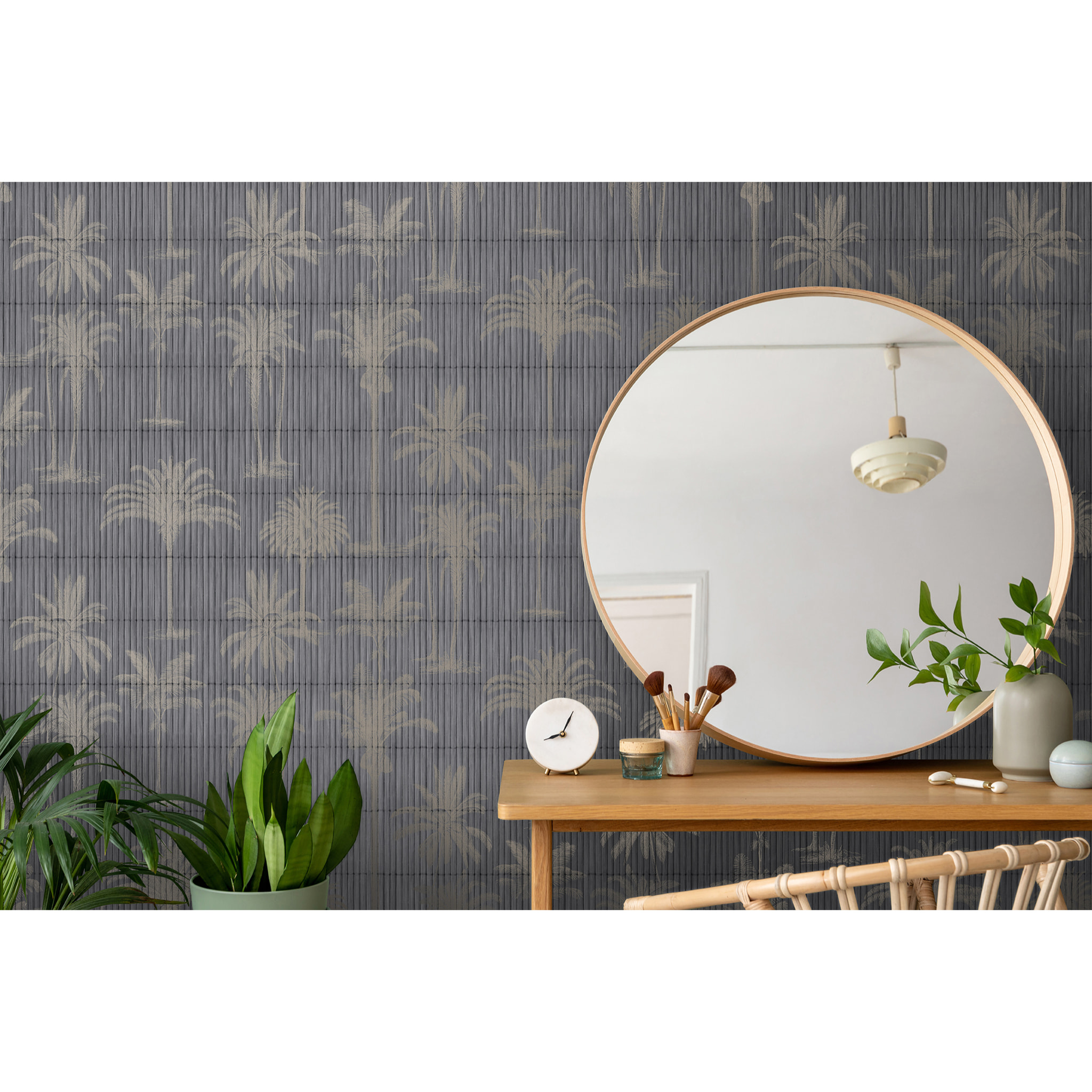 Papier peint palmiers graphiques fond bambou bleu