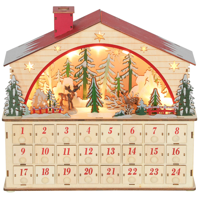 Calendrier de l'Avent LED en bois forme maison scène fôret enneigée avec rennes - 24 tiroirs - rouge naturel