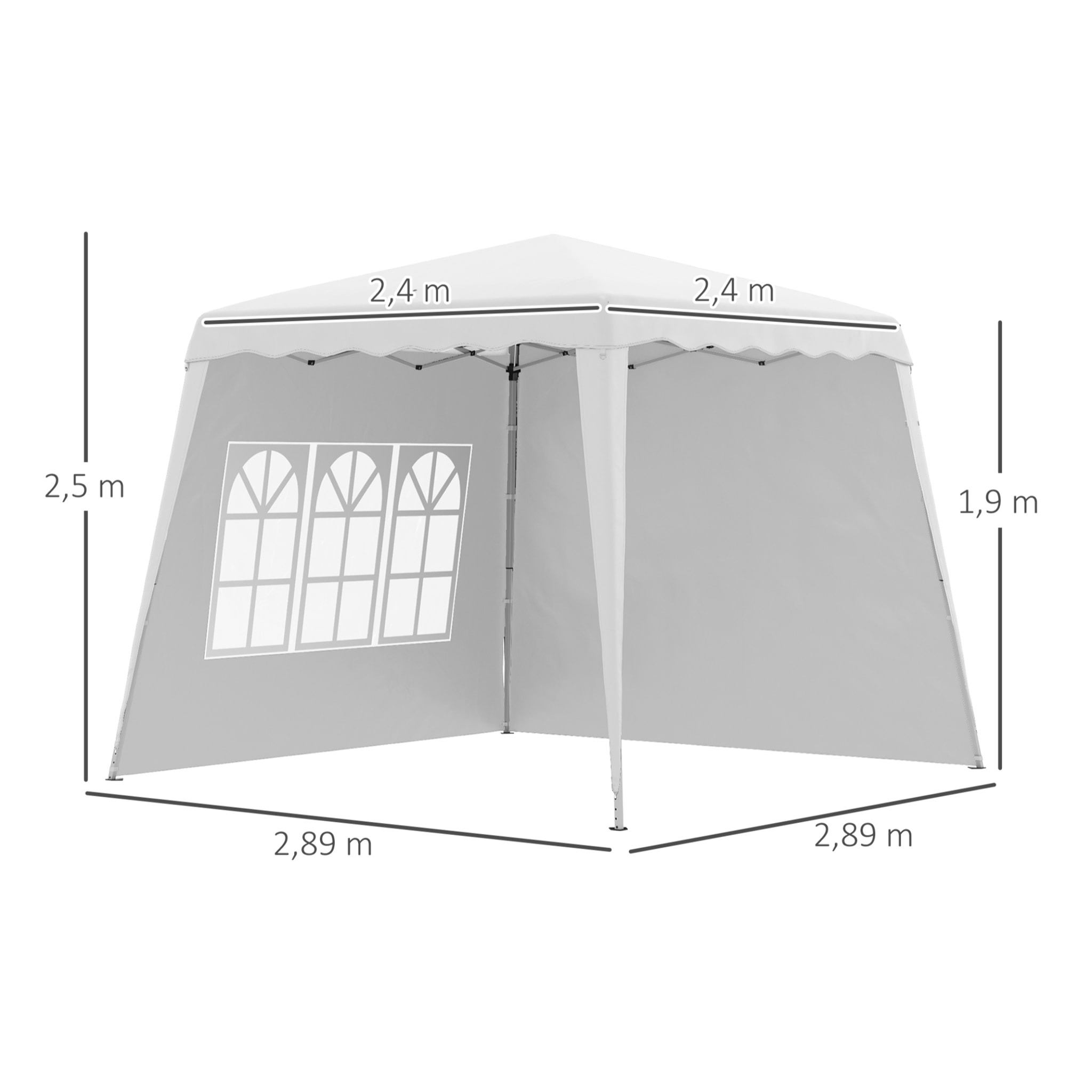 Carpa Plegable con 2 Paredes Laterales 2,89x2,89 m Cenador Pabellón de Jardín con Altura Ajustable y Bolsa de Transporte Protección UV50+ para Exterior Patio Blanco