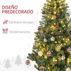 Árbol de Navidad Artificial 180 cm con 150 Luces LED Árbol con 8 Modos de Iluminación de Navideño con 650 Ramas y 100 Decoraciones Árbol Automático Acero Ø106x180 cm Verde