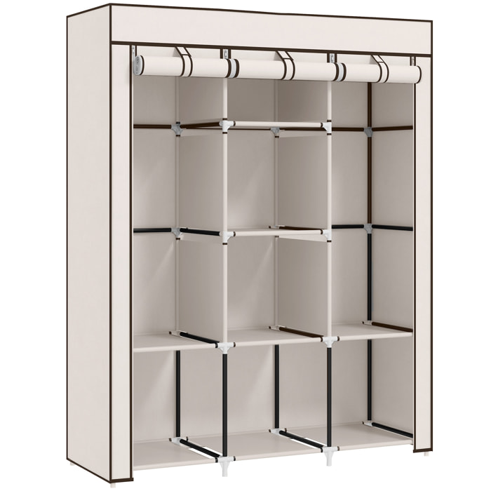Armoire penderie multi-rangement - 8 étagères, 2 barres - dim. 125L x 43l x 162,5H cm - acier noir non tissé beige