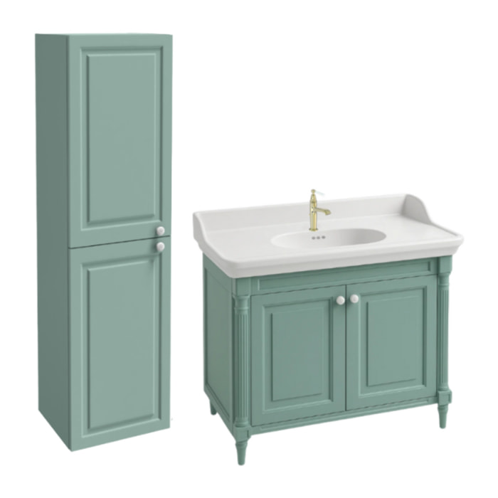Pack meuble vasque Cléo 1889 vert velours + colonne gauche + mitigeur or