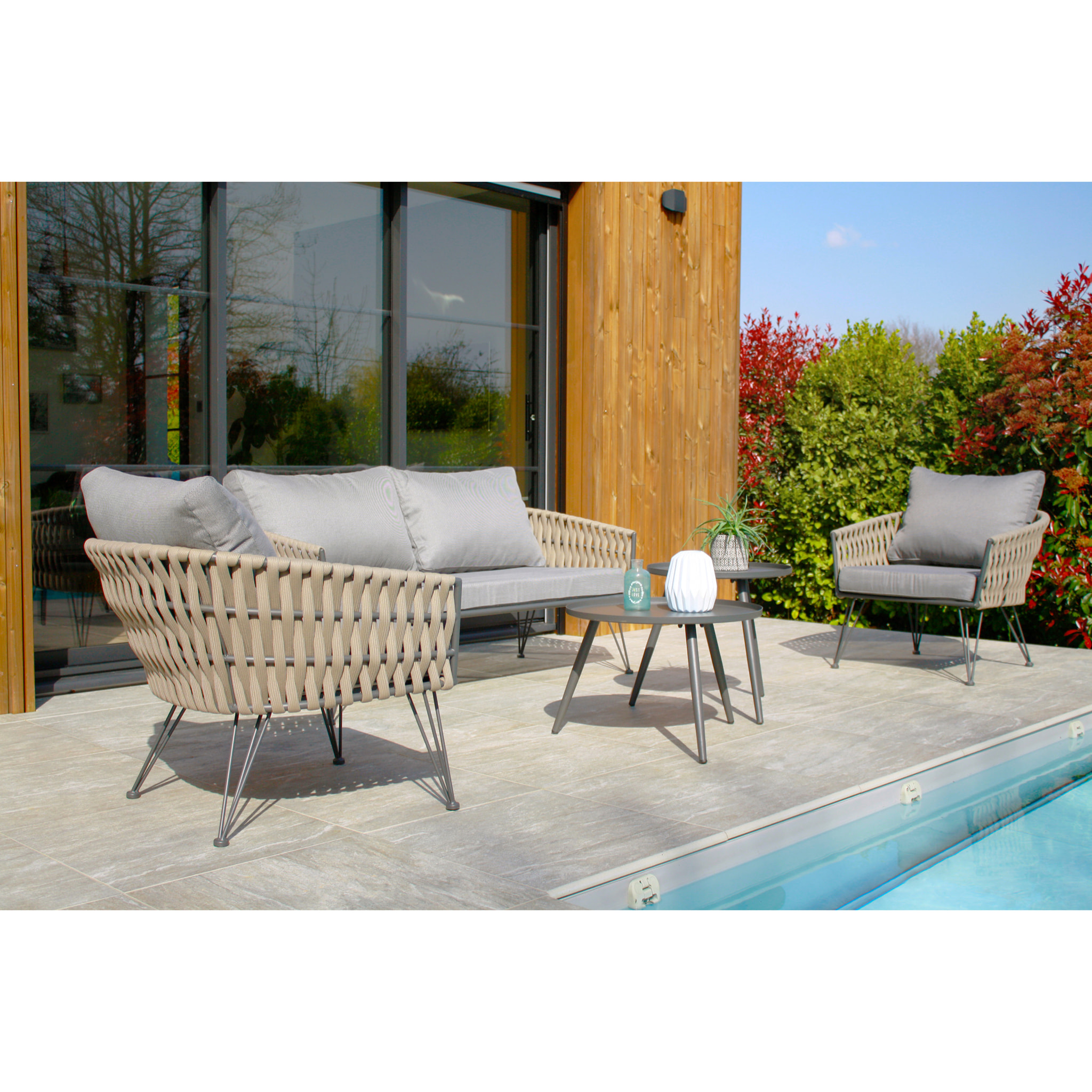 CAPRI - Salon de jardin 4 places en corde tissée et acier