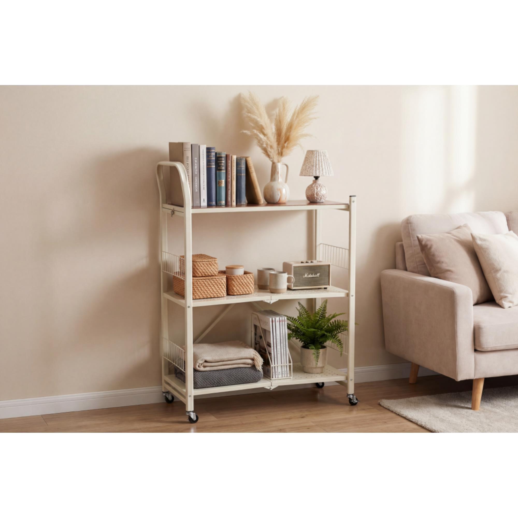 Carito de almacenaje plegable de 3 estantes con ruedas color blanco
