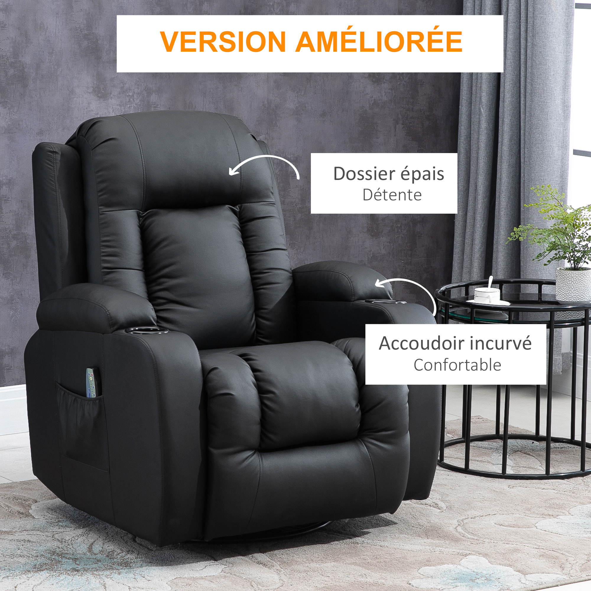 Fauteuil de massage et relaxation électrique chauffant inclinable manuellement repose-pied télécommande noir