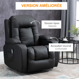 Fauteuil de massage et relaxation électrique chauffant inclinable manuellement repose-pied télécommande noir