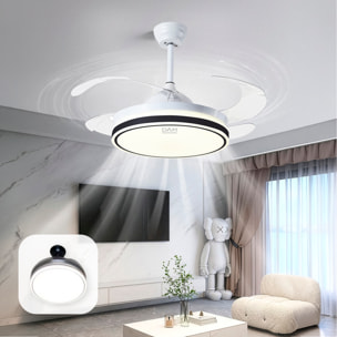 Ventilatore da soffitto L433 da 107 cm, pale retrattili, motore DC da 30 W, luce LED dimmerabile da 60 W, 6 velocità, modalità estate/inverno. Telecomando incluso.