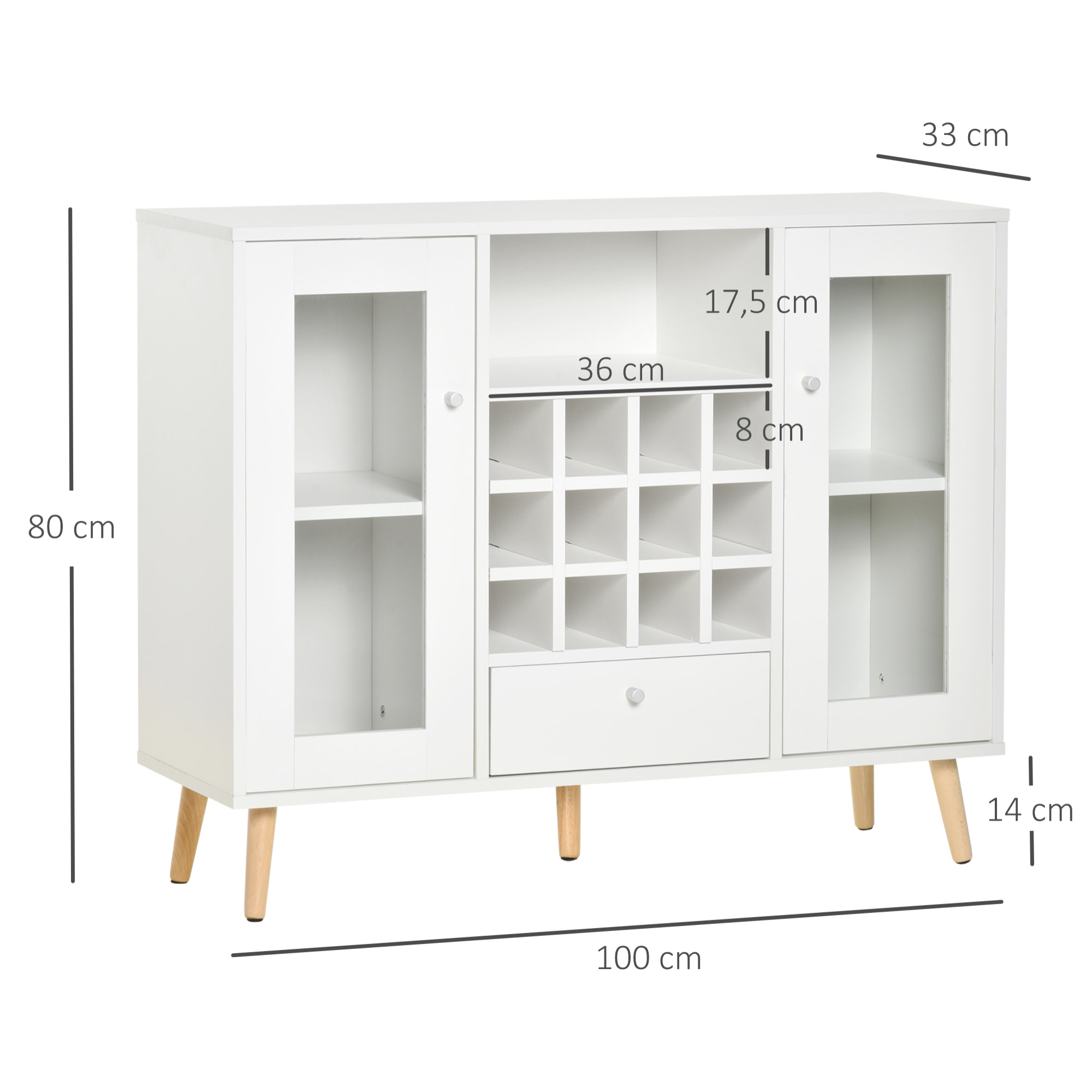 Aparador con Botellero Cajón y 2 Armarios con Puertas Cristal 100x33x80cm Blanco