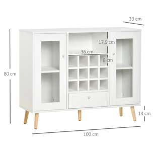 Aparador con Botellero Cajón y 2 Armarios con Puertas Cristal 100x33x80cm Blanco