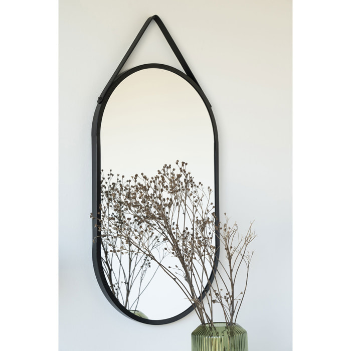 Specchio da parete Trapani in acciaio nero con cinghia 35x60 cm