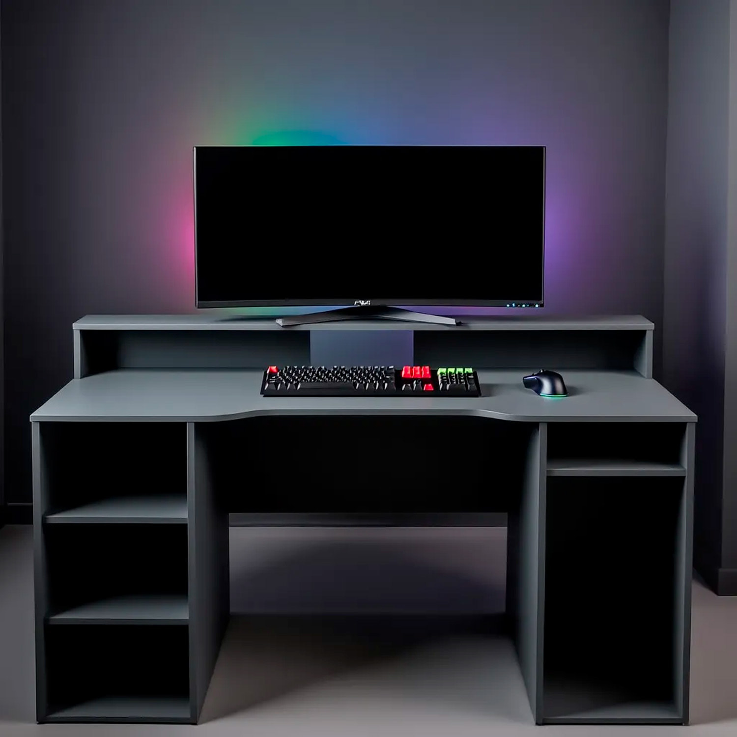 Scrivania Gaming Con Ripiani Porta PC E Supporto Monitor Con Passacavi Tavolo Gamer Reversibile Ampio Piano Setup 136 x 67 x 88 Cm Grigio Antracite