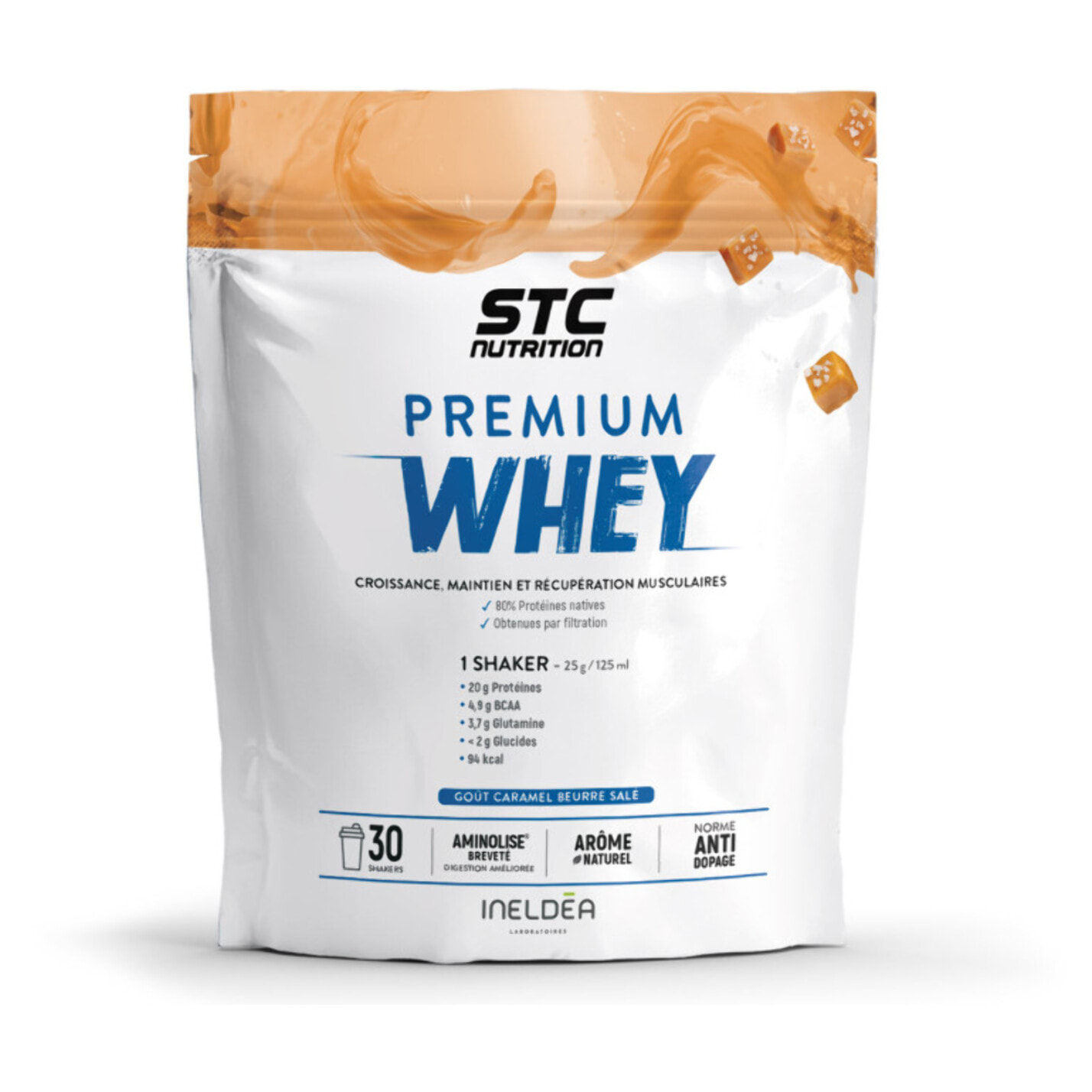 image-STC NUTRITION - Premium Whey - 80% de protéines natives de lactosérum - Croissance, maintien et réparation musculaires - Digestion facile - 30 Shakers - Doypack 750g