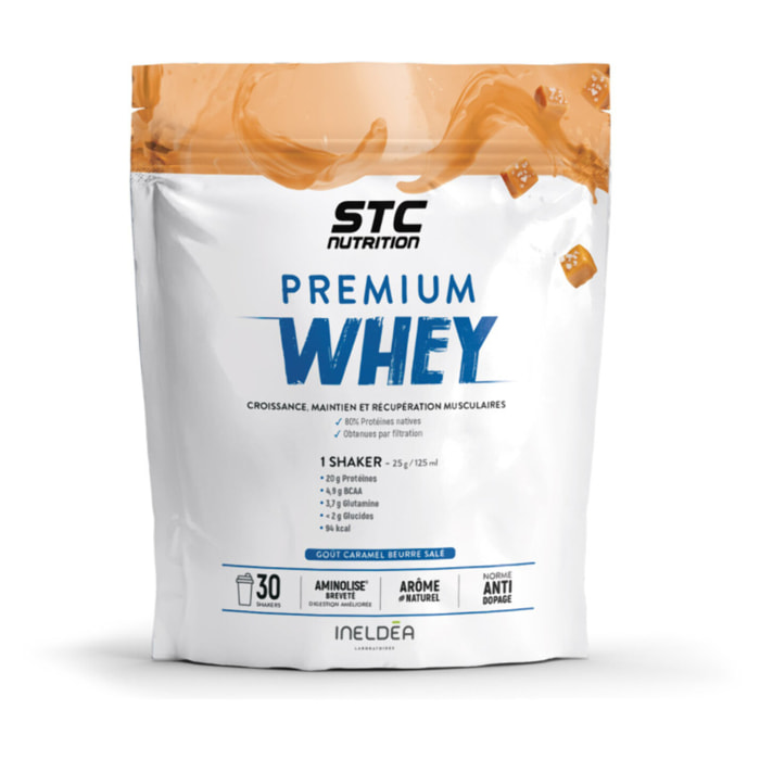 STC NUTRITION - Premium Whey - 80% de protéines natives de lactosérum - Croissance, maintien et réparation musculaires - Digestion facile - 30 Shakers - Doypack 750g