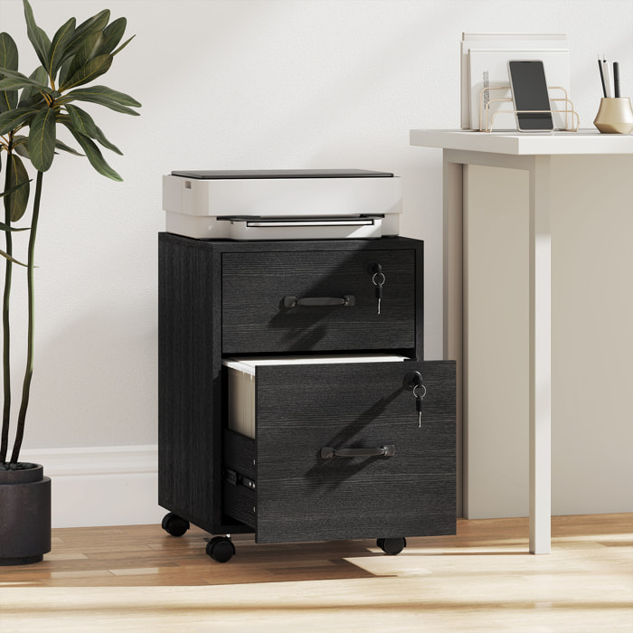 Caisson bureau verrouillable mobile 2 tiroirs coulissants trieur dossiers effet bois noir