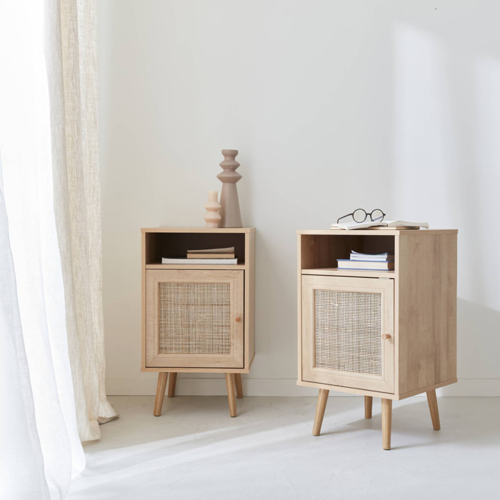 Lot de 2 tables de chevet en cannage - Bohème - 40x39x70cm Naturel - 2 niveaux - 1 portes - 1 espace de rangement - pieds scandinaves