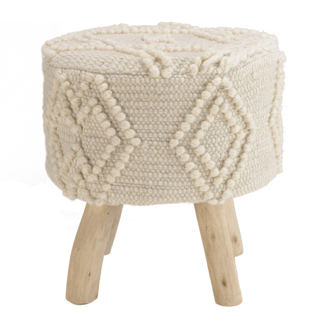 SACHA - Tabouret rond 40x40cm laine motifs losanges ivoire pieds bois