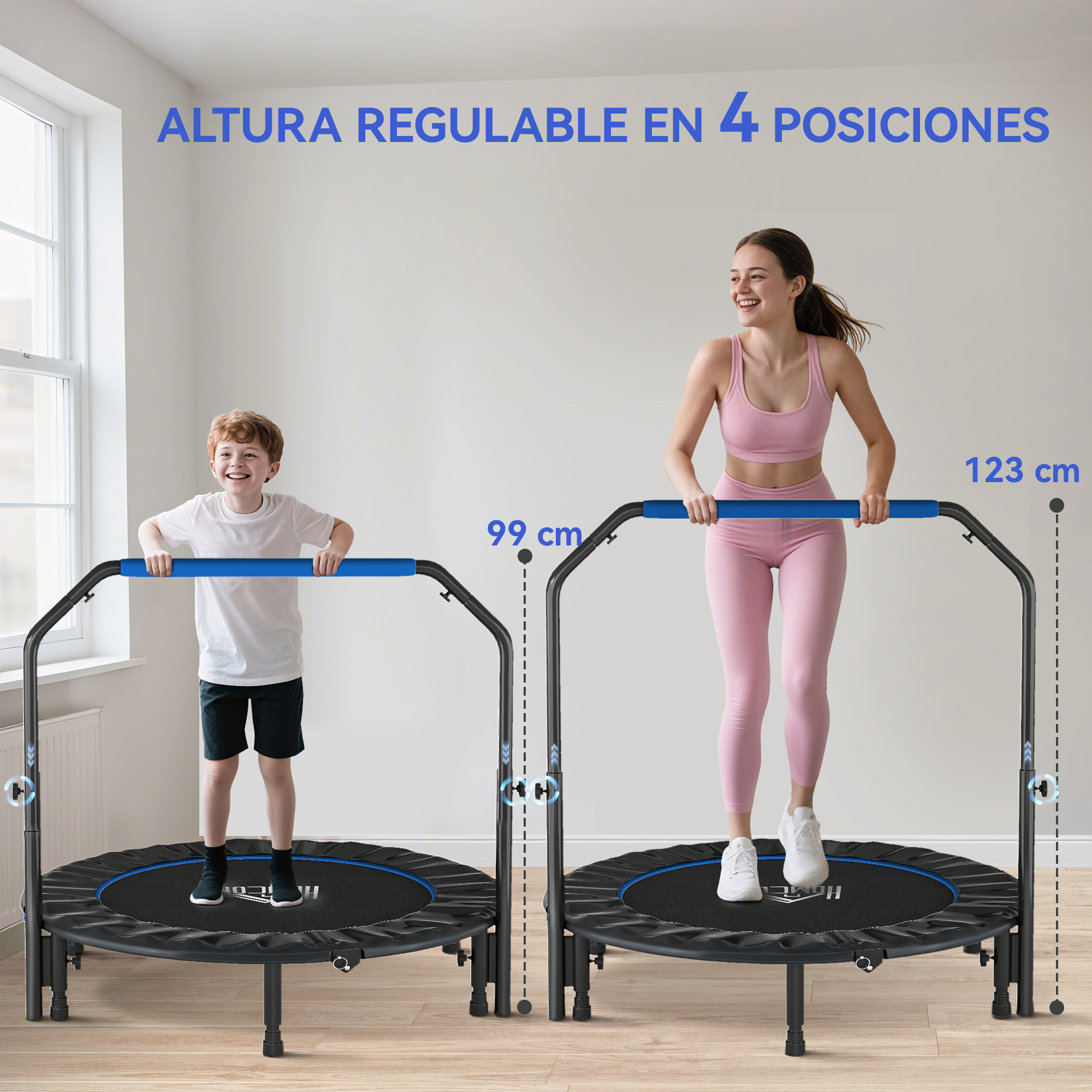 Trampolín de Fitness Adultos Ø122 cm, Cama Elástica Plegable con Mango Ajustable de 4 Niveles, Marco de Acero, para Entrenamiento Piernas, Cuerpo en Hogar, Oficina, Gimnasio, Negro y Azul