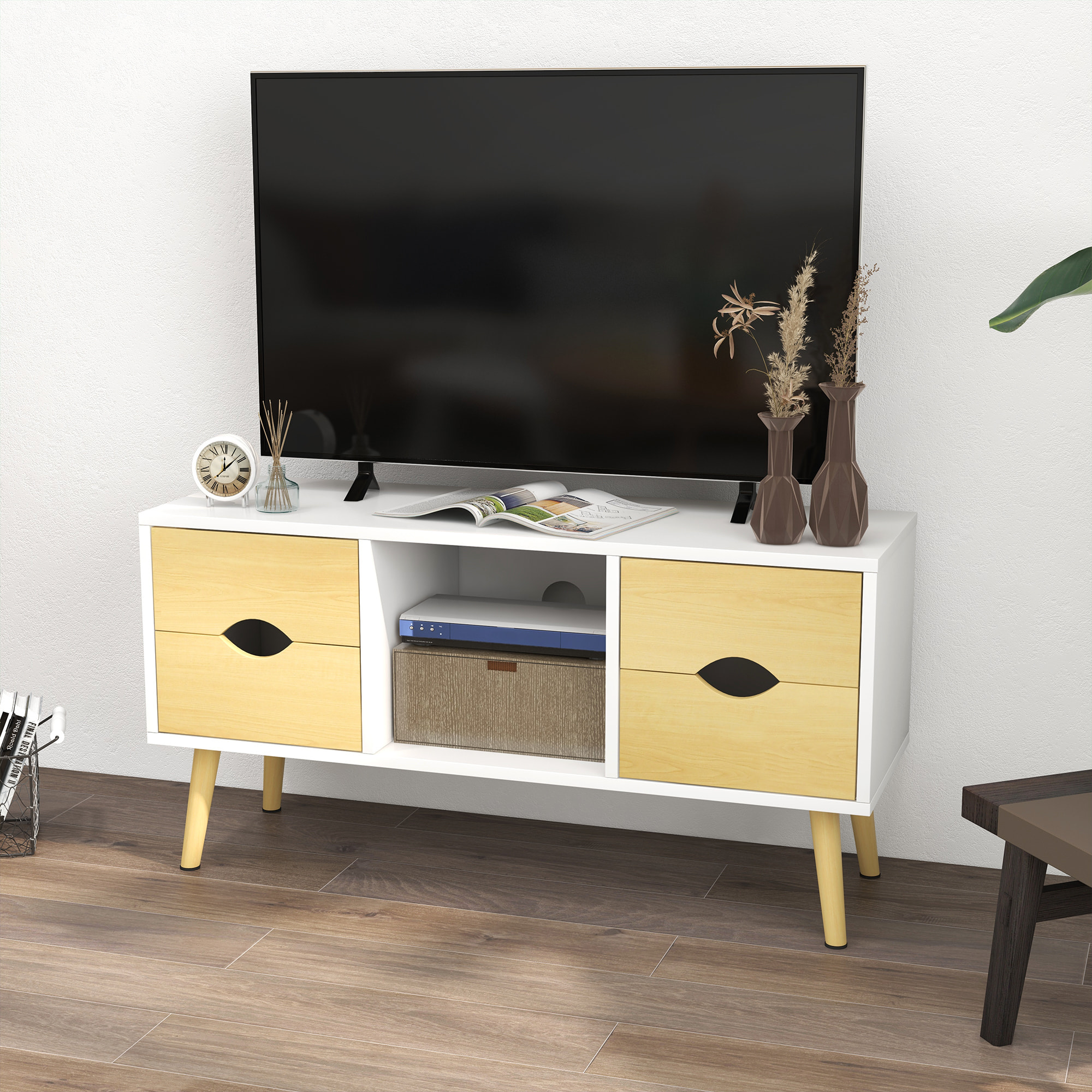 Meuble TV style scandinave 4 tiroirs coulissants niche passe-fils piètement bois pin blanc aspect bois clair