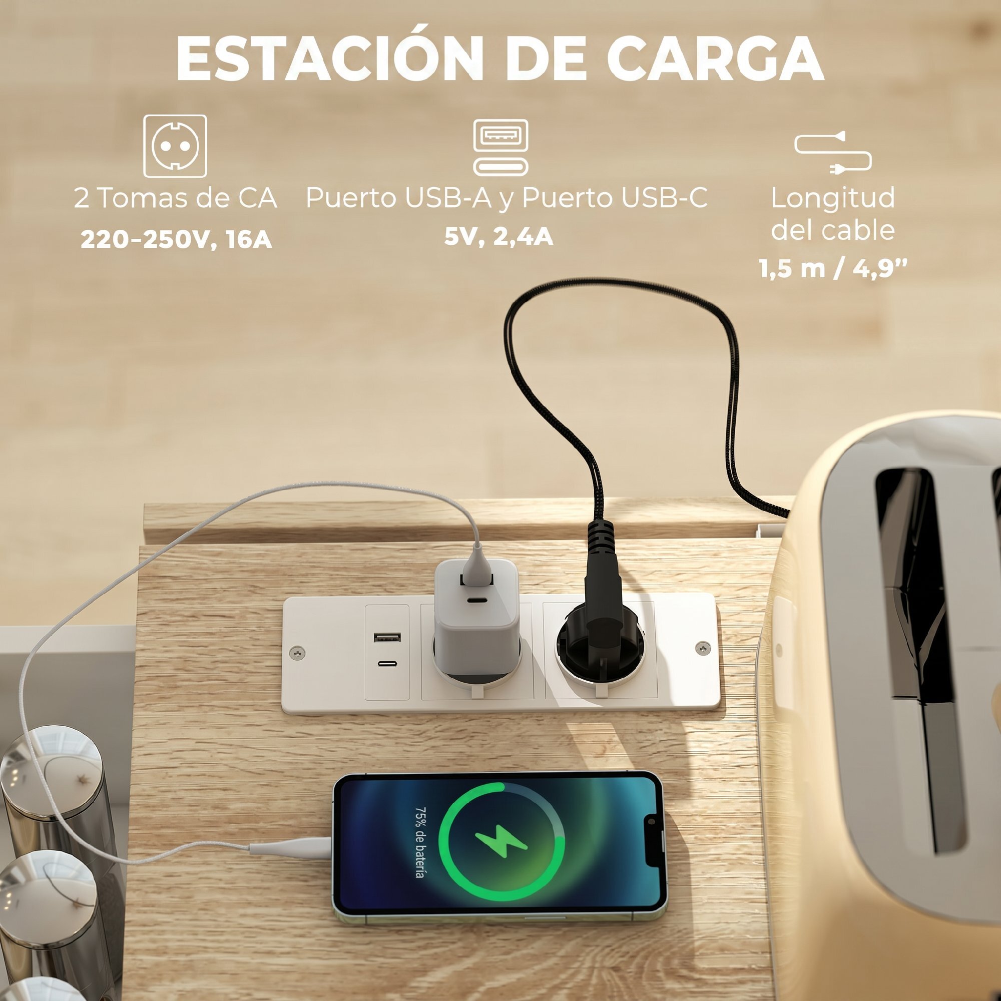 Isla de Cocina con Encimera Extensible y Estación de Carga, Carro de Cocina con Ruedas, 2 Puertas, 3 Cajones, Estantes Ajustables, Especiero y Toallero, Blanco