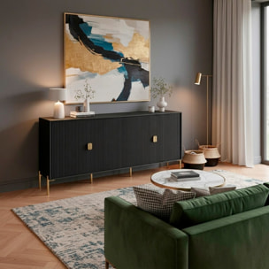 Madia Moderna Credenza In Melaminico Opaco Con 4 Ante E Piedini Alti Mobile Contenitore Design Soggiorno Salotto Sala Pranzo 203 x 49 x 87 Cm Nero