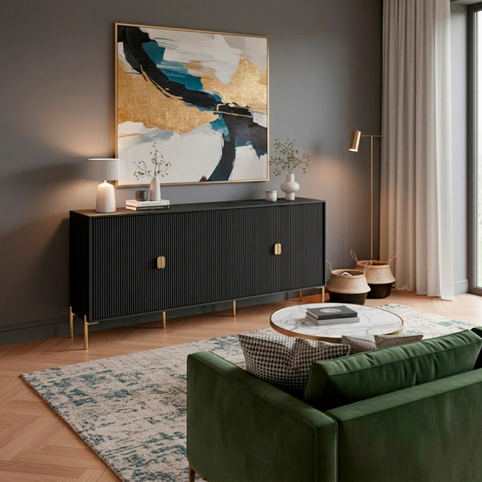 Madia Moderna Credenza In Melaminico Opaco Con 4 Ante E Piedini Alti Mobile Contenitore Design Soggiorno Salotto Sala Pranzo 203 x 49 x 87 Cm Nero