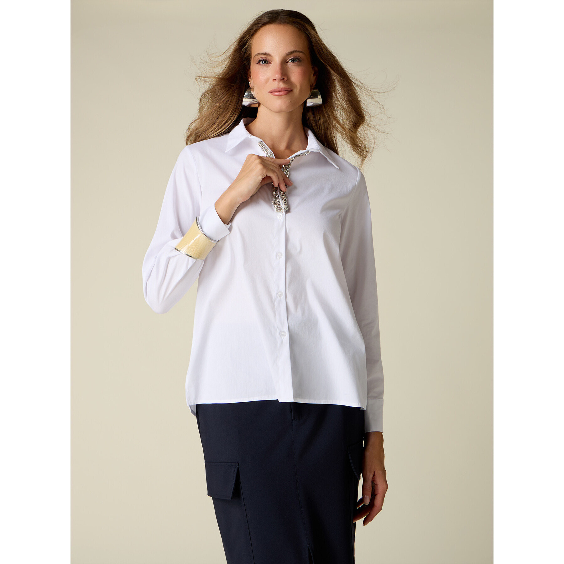 Oltre - Camicia in popeline con applicazioni gioiello - Bianco